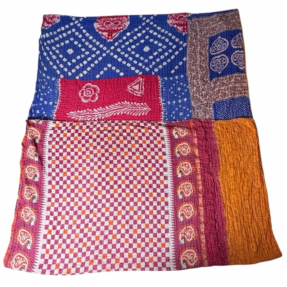 Vintage Kantha Quilt Twin Hand Stitched Sari Patchwork Boho Textile 52” x 80”